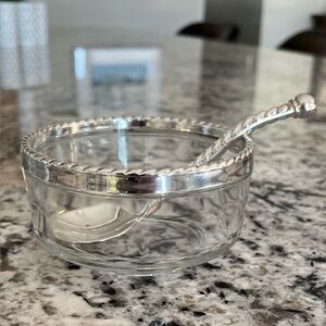 Vintage Bormioli Rocco Italian
Glass Bowl & Spoon Set Silver Plate